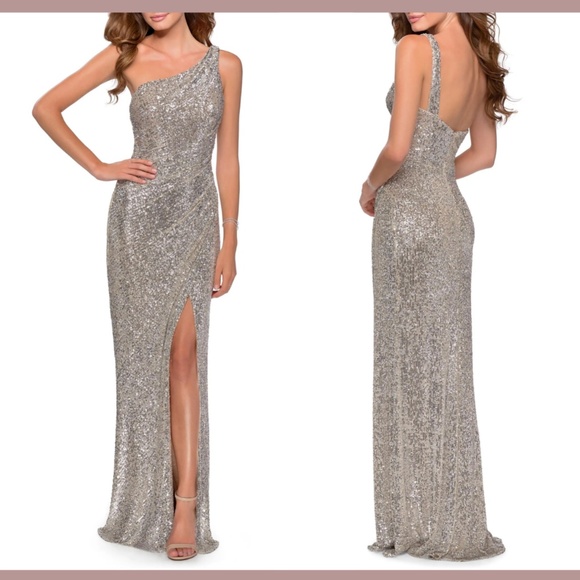 NWT $408 La Femme‎ [ 12 ] One-Shoulder Sequin Gown in Silver/Nude - Picture 1 of 15